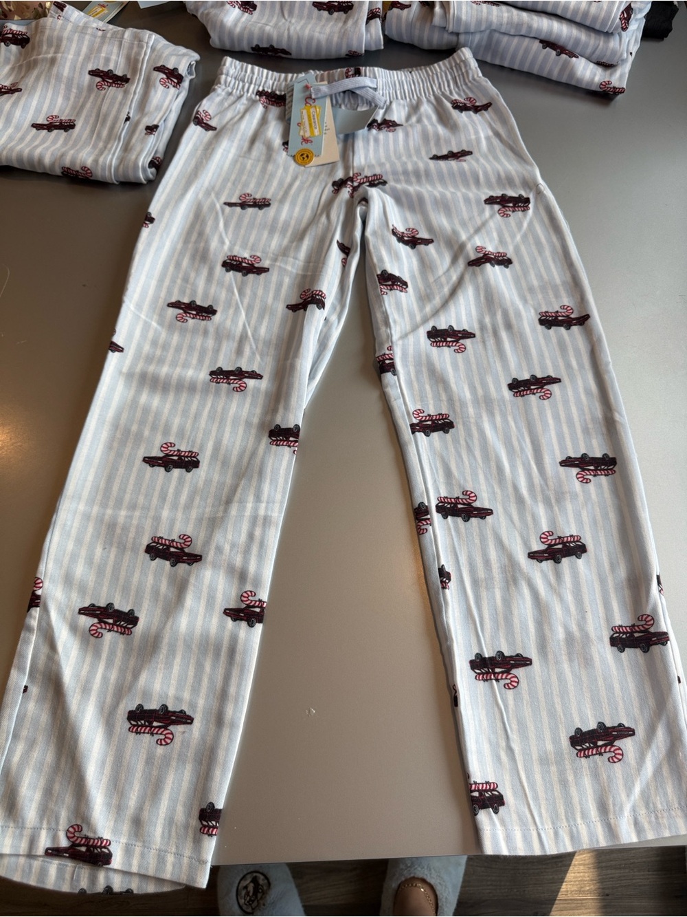Cat & Jack Light Blue and White Striped Pajama Bottoms with Maroon Car Print